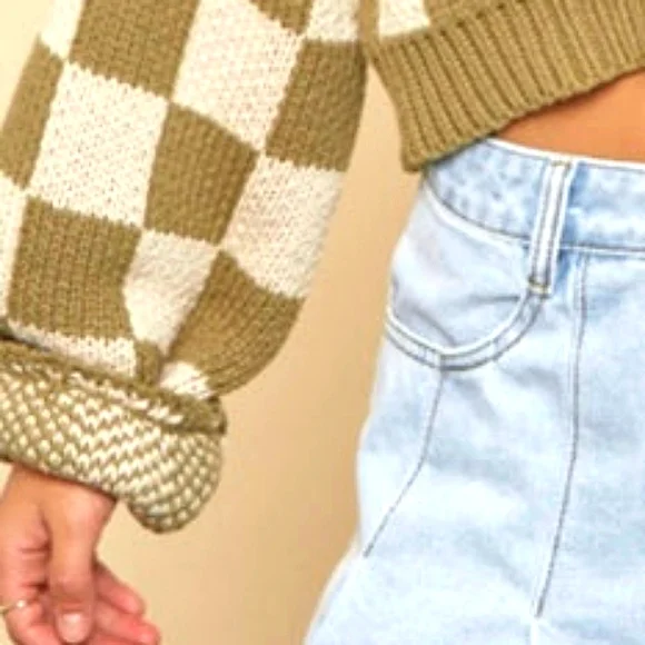 AFTER SCHEX Puff Balloon Sleeve Check Chunky V-Neck Crop Oversized Sweat… - Picture 3 of 12